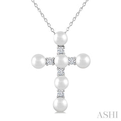 4 MM Cross Cultured Pearl and 1/6 Ctw Round Cut Diamond Fashion Pendant With Chain in 10K White Gold
