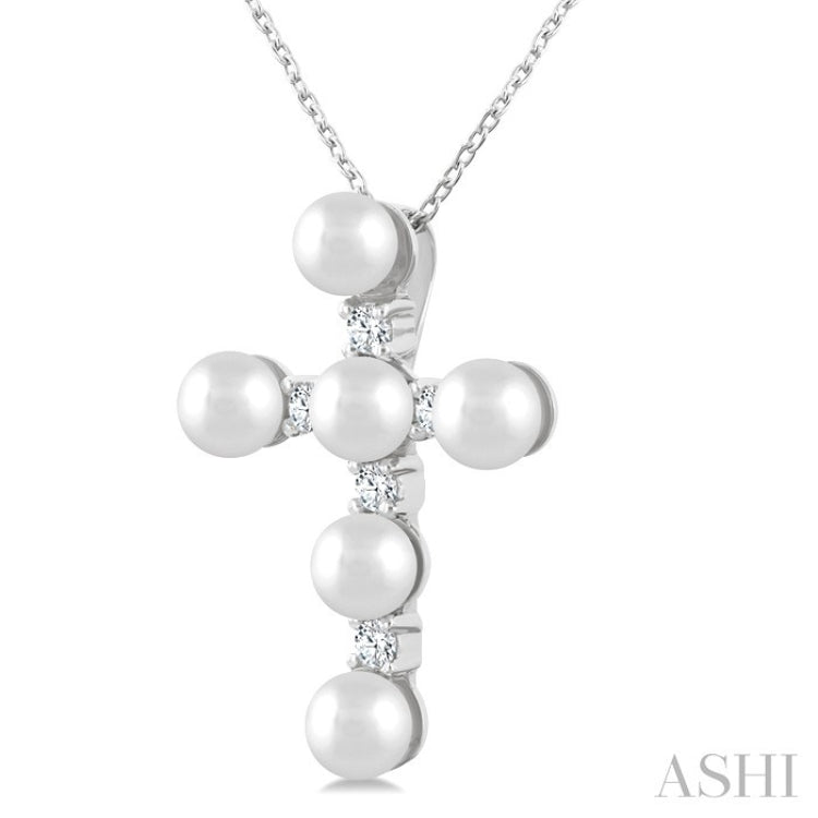 4 MM Cross Cultured Pearl and 1/6 Ctw Round Cut Diamond Fashion Pendant With Chain in 10K White Gold
