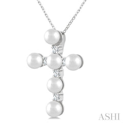 4 MM Cross Cultured Pearl and 1/6 Ctw Round Cut Diamond Fashion Pendant With Chain in 10K White Gold