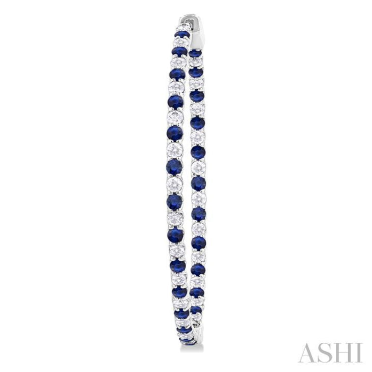 1.9 MM Round Cut Sapphire and 1 1/2 Ctw Round Cut Diamond Precious Inside-Out Alternating Hoop Earrings in 14K White Gold