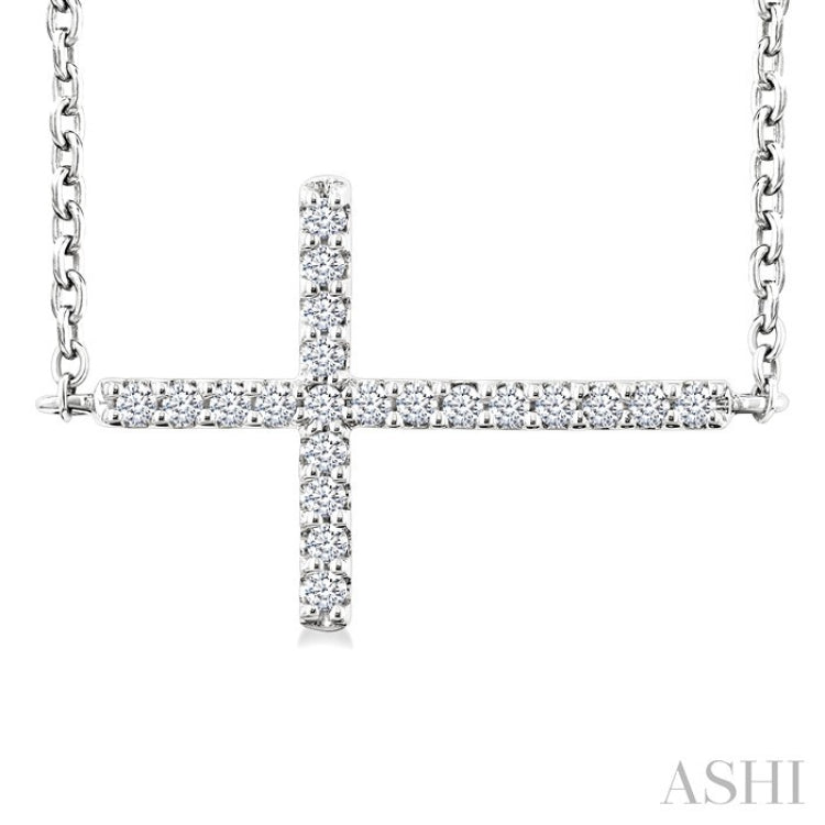1/10 Ctw Petite Sideways Cross Round Cut Diamond Fashion Pendant With Chain in 10K White Gold