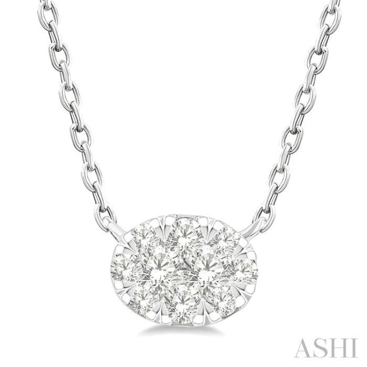 1/10 Ctw Lovebright Petite East-West Set Oval Shape Round Cut Diamond Fashion Pendant With Chain in 10K Yellow and White Gold