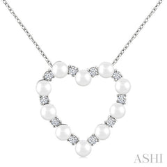 3 MM Round Shape Cultured Pearl and 1/5 Ctw Round Cut Diamond Heart Shape Pendant With Chain in 14K White Gold