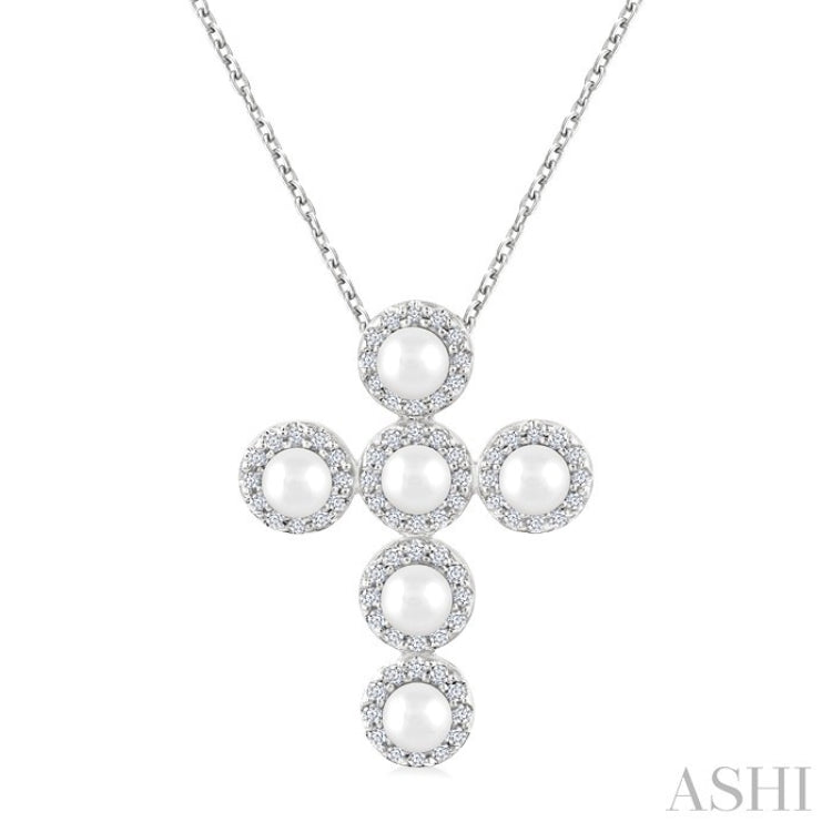 4 MM Cross Cultured Pearl and 1/4 Ctw Round Cut Diamond Pendant With Chain in 14K White Gold