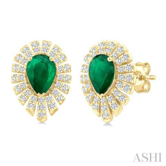 5X3 MM Pear Cut Emerald and 1/3 Ctw Starburst Round Cut Diamond Precious Stud Earring in 14K Yellow Gold