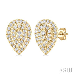 1/5 Ctw Double Halo Pear Shape Petite Round Cut Diamond Fashion Stud Earring in 10K Yellow Gold