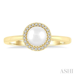 6 MM Round Shape Cultured Pearl and 1/20 Ctw Petite Round Cut Diamond Halo Fashion Ring in 10K Yellow Gold