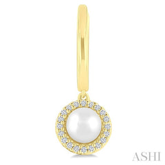 5.5 MM Round Shape Cultured Pearl and 1/8 Ctw Petite Round Cut Diamond Halo Fashion Huggies in 10K Yellow Gold