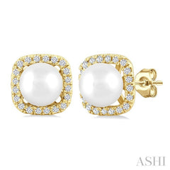5 MM Cushion-Shaped Cultured Pearl and 1/8 Ctw Petite Round Cut Diamond Halo Stud Earring in 10K Yellow Gold