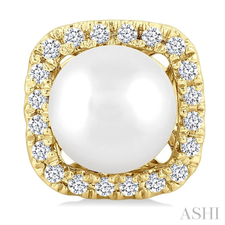 5 MM Cushion-Shaped Cultured Pearl and 1/8 Ctw Petite Round Cut Diamond Halo Stud Earring in 10K Yellow Gold