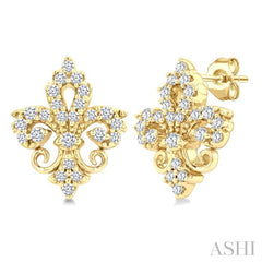1/5 Ctw Petite Fleur De Lis Round Cut Diamond Fashion Stud Earring in 10K Yellow Gold