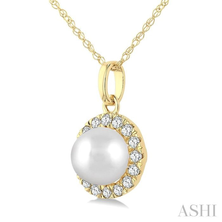 5 MM Cultured White Pearl and 1/20 Ctw Round Cut Diamond Halo Pendant With Chain in 14K Yellow Gold