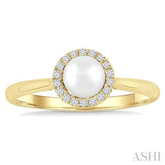 5 MM White Cultured Pearl and 1/20 Ctw Round Cut Diamond Halo Ring in 10K Yellow Gold