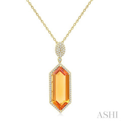 26X10 MM Evoque Gemstone Hexagon Shape Citrine and 1/2 Ctw Round Cut Diamond Halo Semi-Precious Pendant With Chain in 14K Yellow Gold