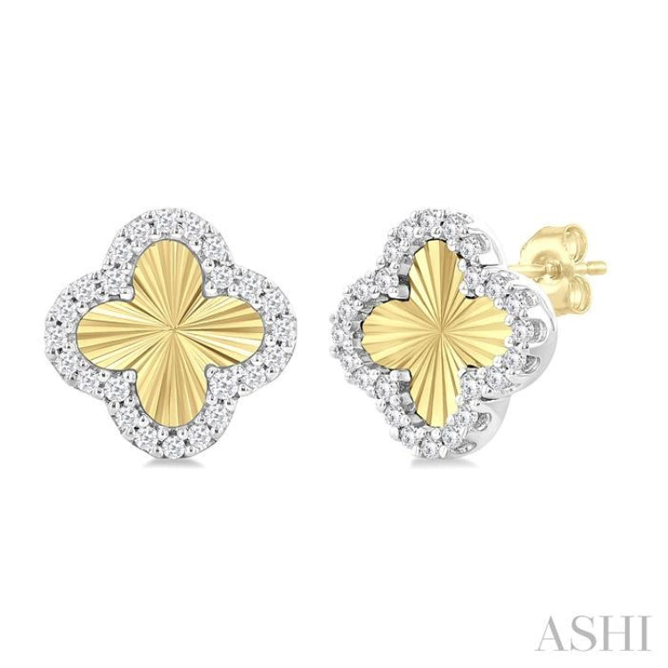 1/5 Ctw Fluted Texture 4-Leaf Clover Round Cut Diamond Pirouette Fashion Stud Earring in 10K Yellow and White Gold