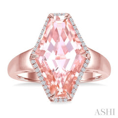 16X10 MM Evoque Gemstones Hexagon Shape Morganite and 1/10 Ctw Round Cut Diamond Halo Semi-Precious Ring in 14K Rose Gold