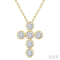 1 Ctw Round Cut Diamond 6-Stone Bezel Set Cross Pendant With Chain in 14K Yellow Gold