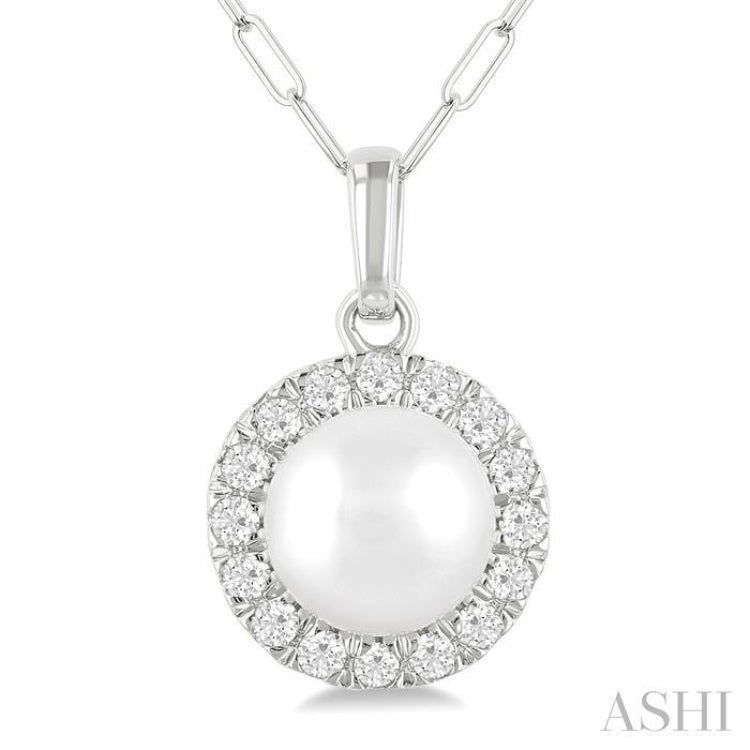 6 MM Cultured White Pearl and 1/6 Ctw Round Cut Diamond Halo Pendant With Chain in 14K White Gold