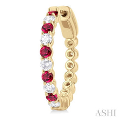 2.4 MM Round Cut Ruby and 5/8 Ctw Round Cut Diamond Precious Hoop Earring in 14K Yellow Gold
