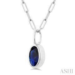 6x4 MM Bezel Set Oval Cut Sapphire Precious Fashion Pendant With Paperclip Chain in 14K White Gold