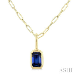 6x4 MM Bezel Set Emerald Cut Sapphire Precious Fashion Pendant With Paperclip Chain in 14K Yellow Gold