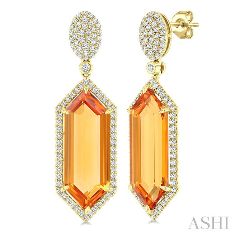 22X8 MM Evoque Gemstones Hexagon Shape Citrine and 7/8 Ctw Round Cut Diamond Halo Semi-Precious Earrings in 14K Yellow Gold