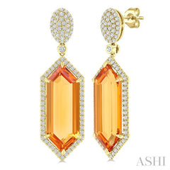22X8 MM Evoque Gemstones Hexagon Shape Citrine and 7/8 Ctw Round Cut Diamond Halo Semi-Precious Earrings in 14K Yellow Gold