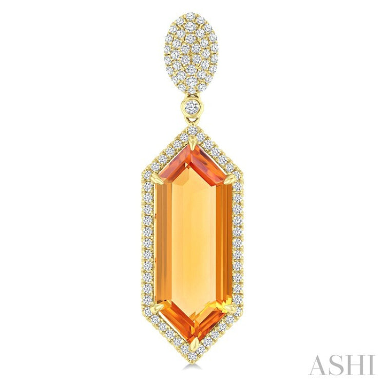 22X8 MM Evoque Gemstones Hexagon Shape Citrine and 7/8 Ctw Round Cut Diamond Halo Semi-Precious Earrings in 14K Yellow Gold