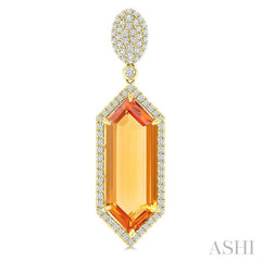 22X8 MM Evoque Gemstones Hexagon Shape Citrine and 7/8 Ctw Round Cut Diamond Halo Semi-Precious Earrings in 14K Yellow Gold