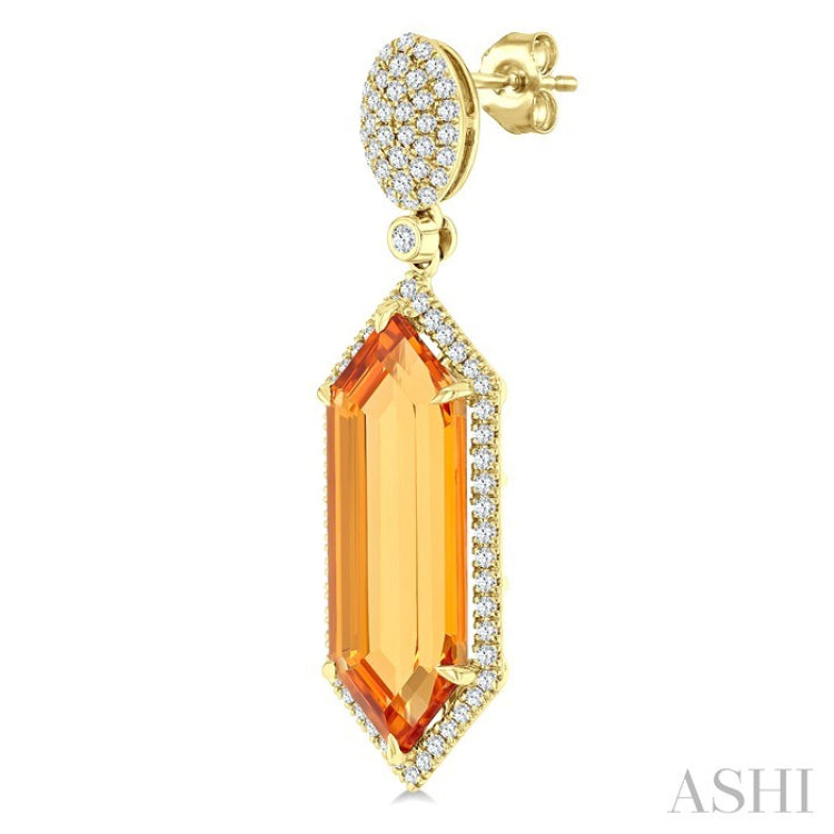 22X8 MM Evoque Gemstones Hexagon Shape Citrine and 7/8 Ctw Round Cut Diamond Halo Semi-Precious Earrings in 14K Yellow Gold