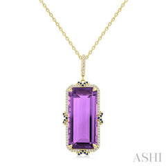 22X10 MM Evoque Gemstones Emerald Cut Amethyst and .80MM Sapphire & 1/5 Ctw Round Cut Diamond Halo Semi-Precious Pendant With Chain in 14K Yellow Gold
