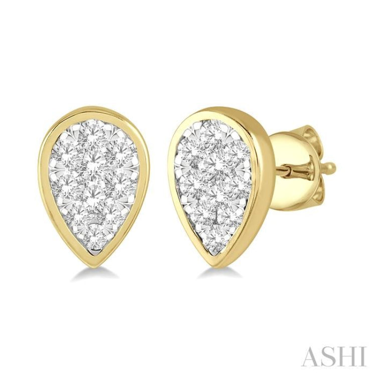 1/3 Ctw Pear Shape Lovebright Round Cut Diamond Bezel Stud Earring in 14K Yellow and White Gold