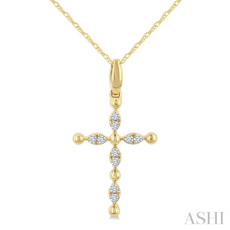 1/20 Ctw Cross Marquise and Ball Bead Motif Round Cut Diamond Fashion Pendant With Chain in 10K Yellow Gold
