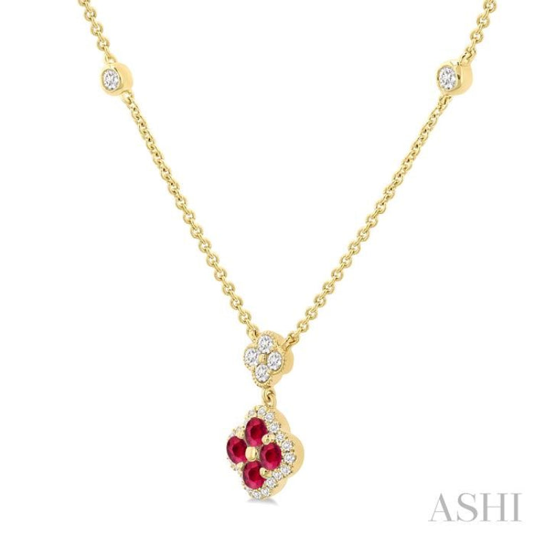 2.4 MM Round Shape Ruby and 1/4 Ctw Clover Round Cut Diamond Station Necklace in 14K Yellow Gold