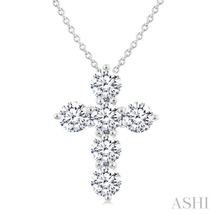 1 1/2 Ctw Round Cut Diamond Christian Cross 6-Stone Fashion Pendant With Chain in 14K White Gold