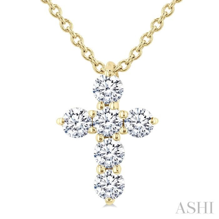 1/4 Ctw Round Cut Diamond Christian Cross 6-Stone Fashion Pendant With Chain in 14K Yellow Gold
