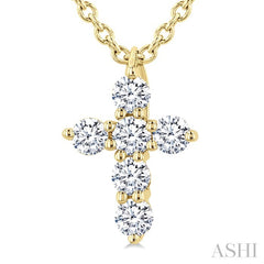 1/6 Ctw Round Cut Diamond Christian Cross 6-Stone Fashion Pendant With Chain in 14K Yellow Gold