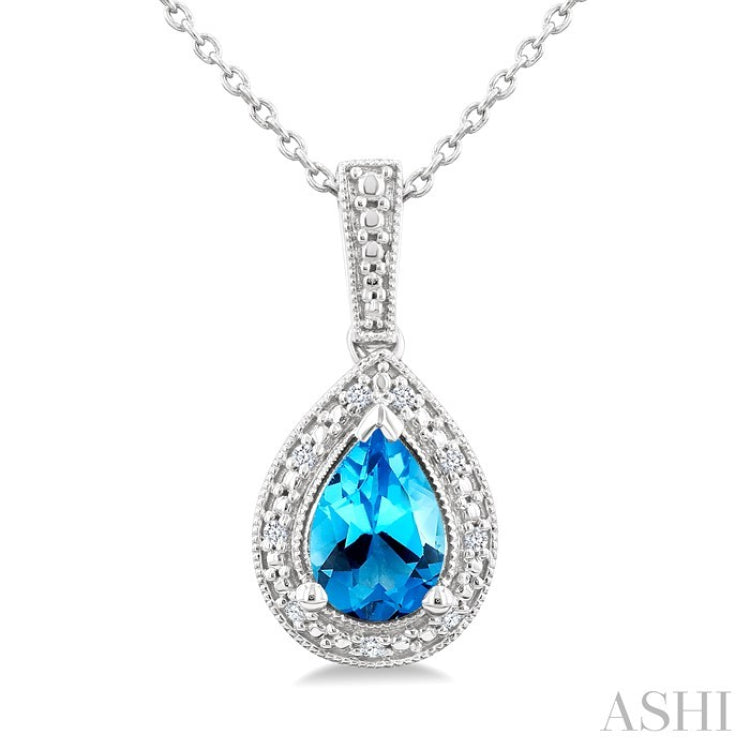 7X5 MM Pear Shape Blue Topaz and 1/50 Ctw Round Cut Diamond Semi-precious Pendant With Chain in Sterling Silver