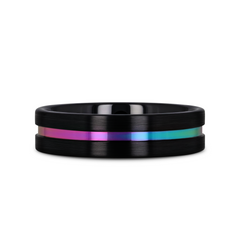 AZURE Flat Black Ceramic Ring Brushed with Rainbow Groove - 4mm - 8mm