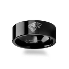 Game of Thrones Noble Houses Sigil Engraving Black Tungsten Ring Stark - 2mm - 12mm