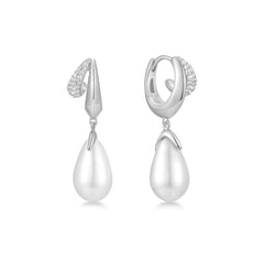 Silver Sparkling Duet Mixed Shell Pearl Drop Huggie Hoop Earrings