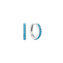 Silver Aqua Blue Row Huggie Hoop Earrings