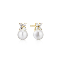 Gold Shell Pearl & Lucky Clover Stud Earrings