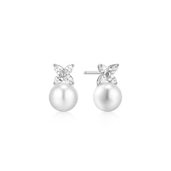 Silver Shell Pearl & Lucky Clover Stud Earrings