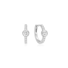 Silver Pav¨¦ Row & Bezel-Set Huggie Hoop Earrings