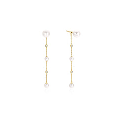 Gold Cascade Shell Pearl Station Drop Stud Earrings