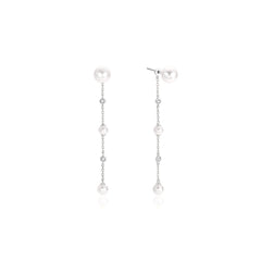 Silver Cascade Shell Pearl Station Drop Stud Earrings
