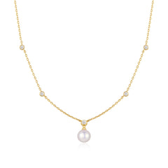 Gold Bezel-Set Station Necklace with Shell Pearl Pendant