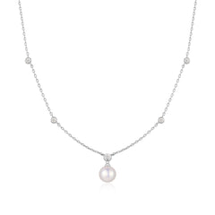Silver Bezel-Set Station Necklace with Shell Pearl Pendant