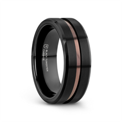 NEVAN Flat Brushed Black Tungsten Men’s Wedding Band with Espresso Groove Center - 8mm